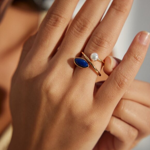 ✨ Artisan Original Lapis Lazuli & Pearl Bypass Ring | S925 Gold Adjustable - Picture 8 of 8